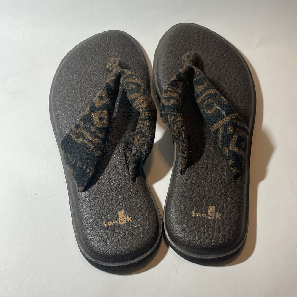 SANUK SLINGED UP PRINTS BROWN TRIBAL NATURAL FLORAL FLIP-FLOPS US 8